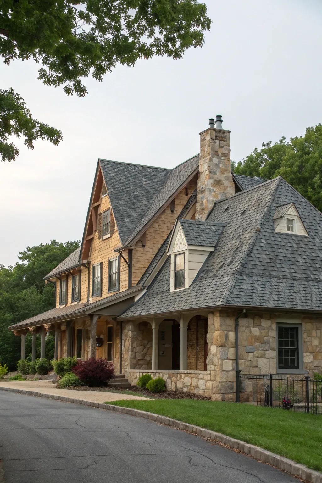 A delightful home featuring rock and pointed roof architecture.