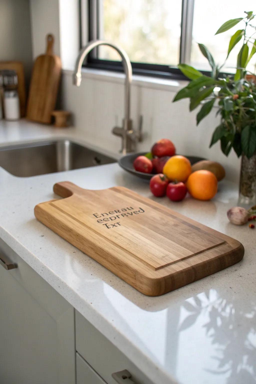 A customized cutting board adding charm and practicality to the heart of the kitchen.