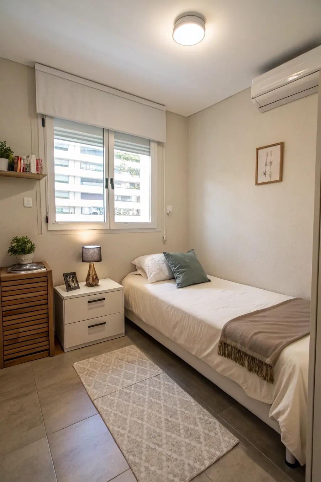 A minimalist and uncluttered small bedroom showcasing openness and airiness.