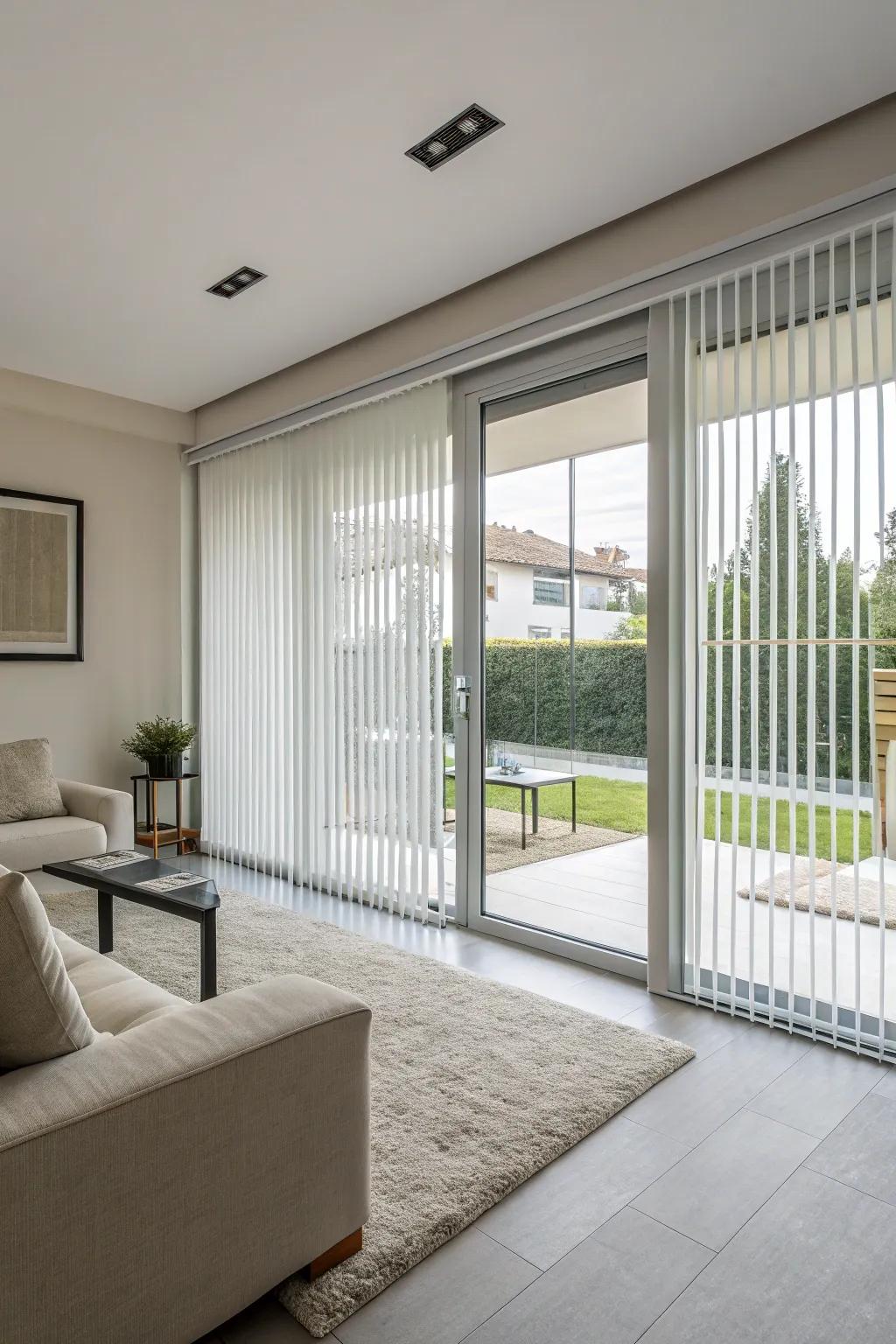 Vertical blinds provide a sleek and functional solution.