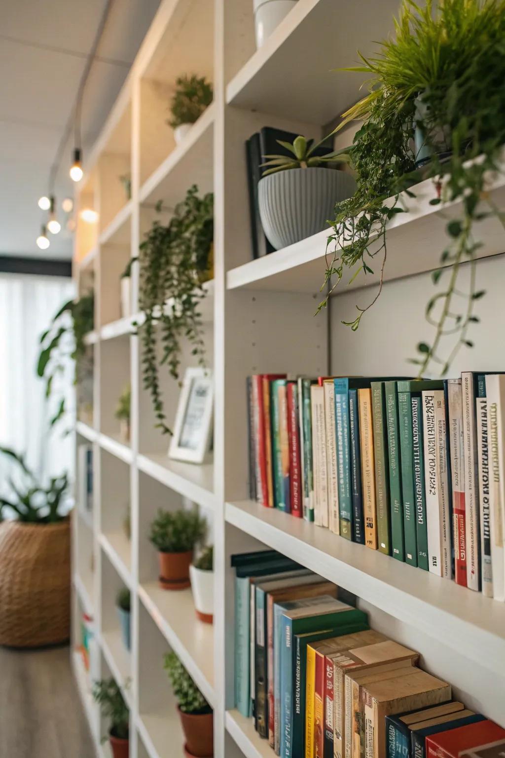 Bookshelf adorned with small potted plants.