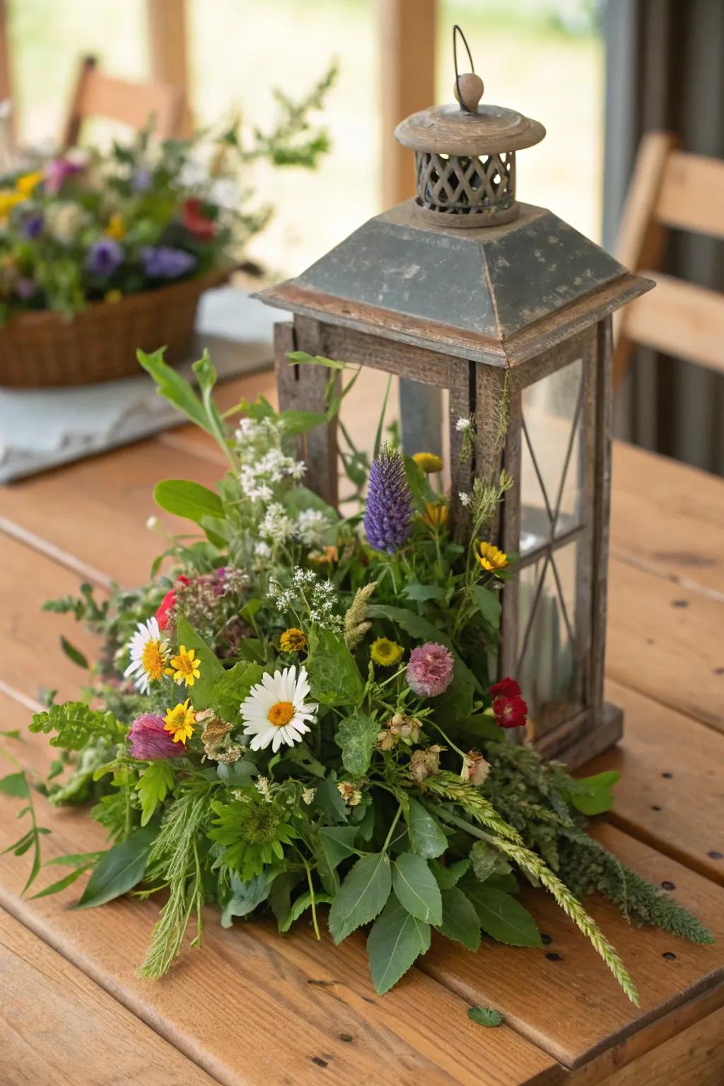 The rustic charm of wildflowers nestled in a time-worn lantern.