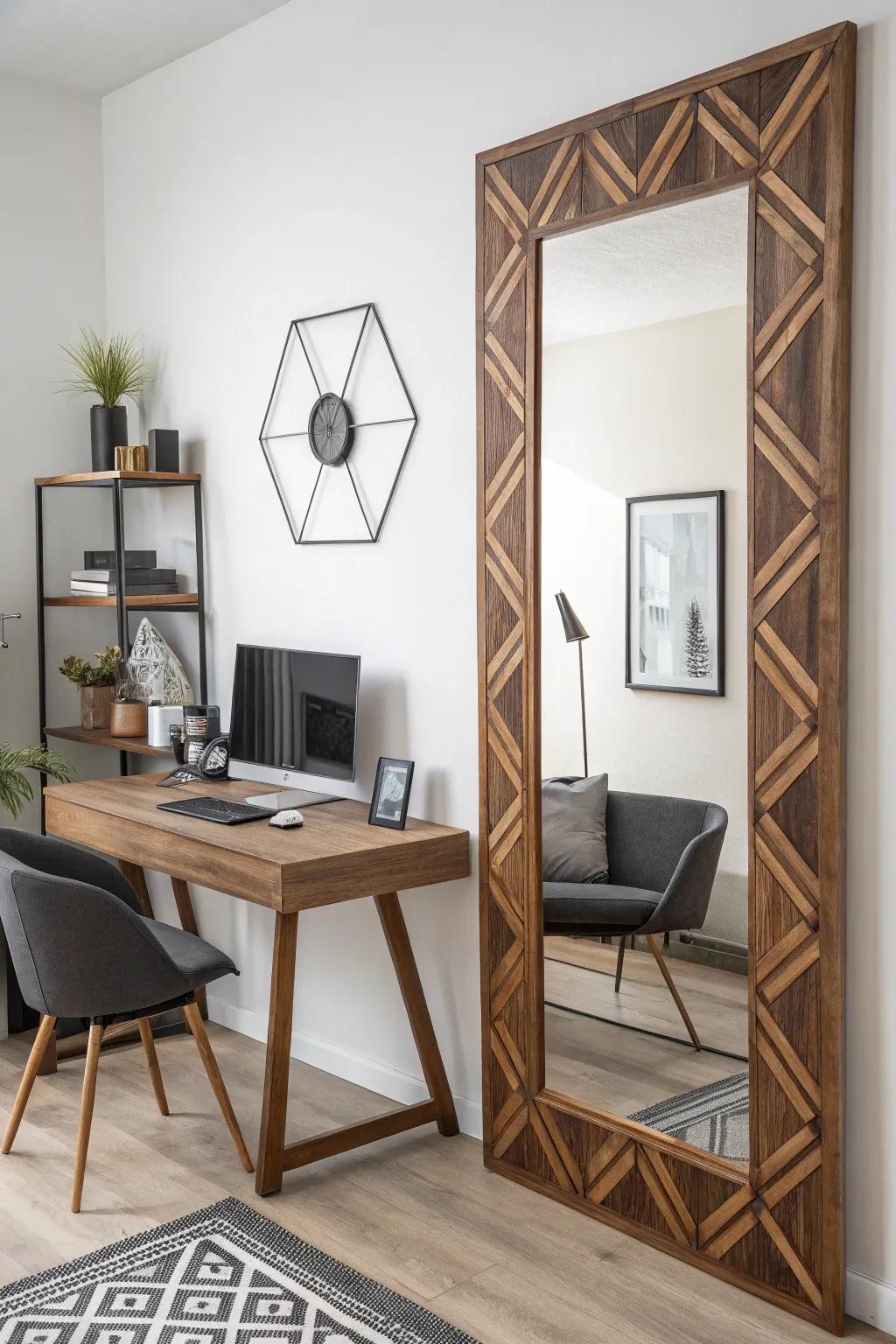 Angular designs contribute a modern touch to any mirror.