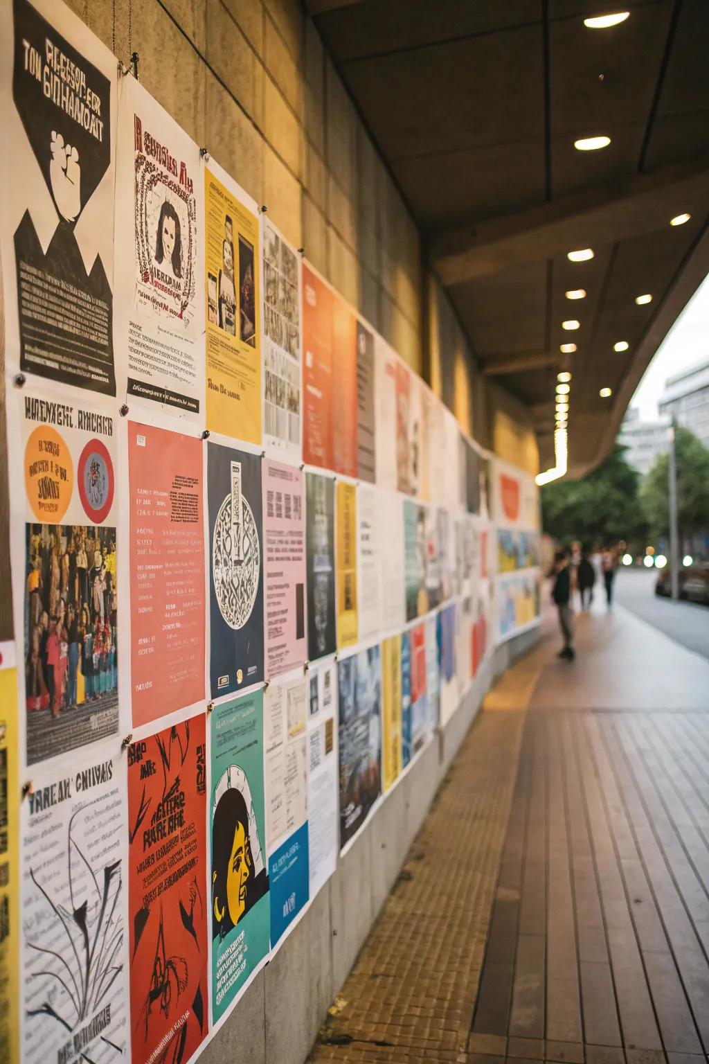 A collage wall of posters creates a dynamic and engaging display.