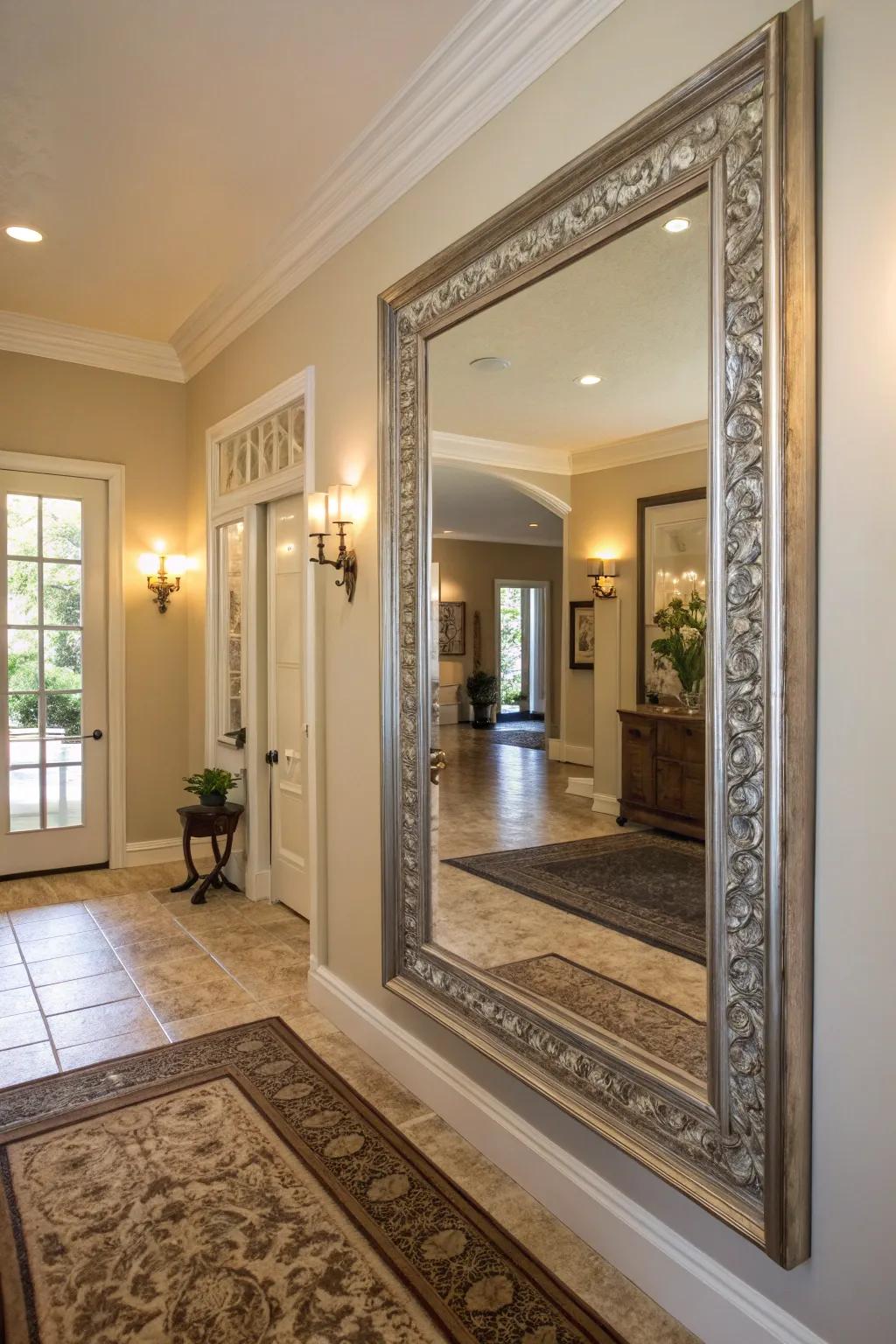 A large mirror positioned in the entryway, reflecting light and conjuring the illusion of added space.