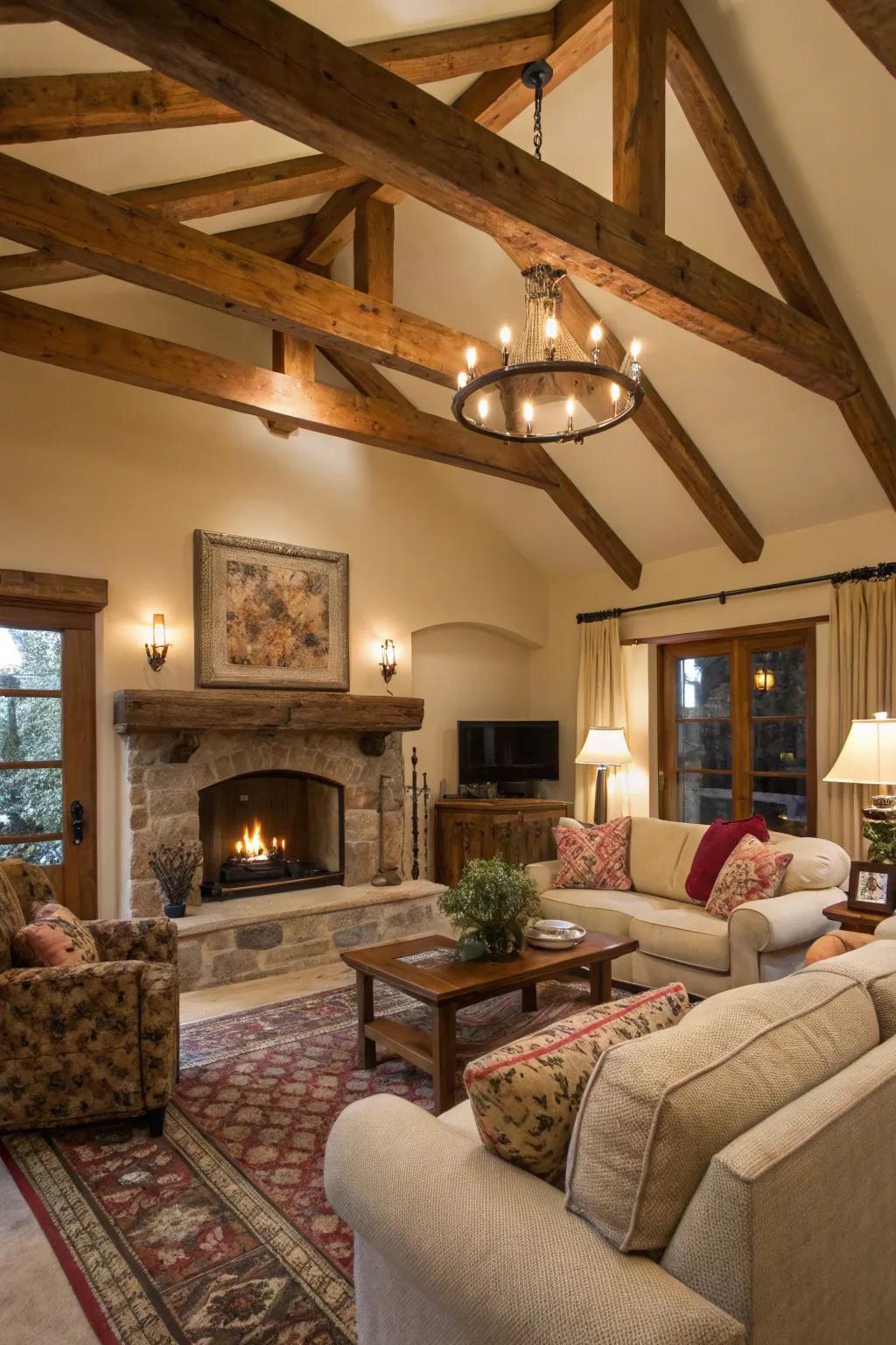 A snug living room featuring rustic timber details accentuating the ceiling.