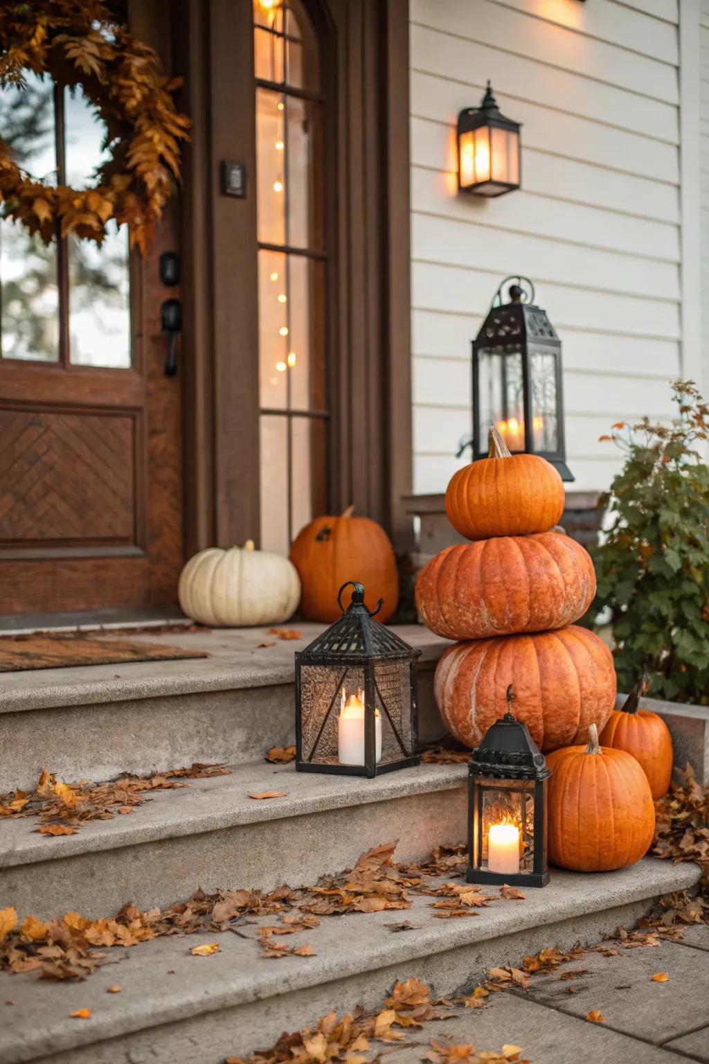 A festive pumpkin display on a front porch.