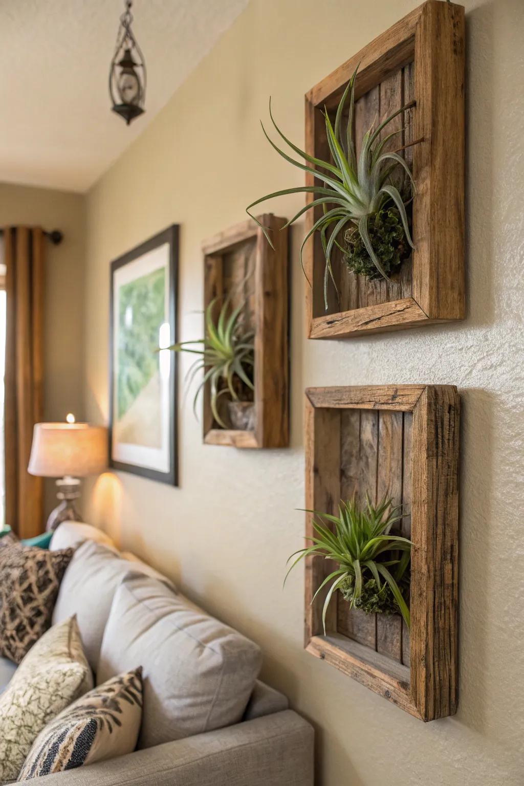 Air plants displayed on country wooden frameworks, enhancing a natural ambiance.