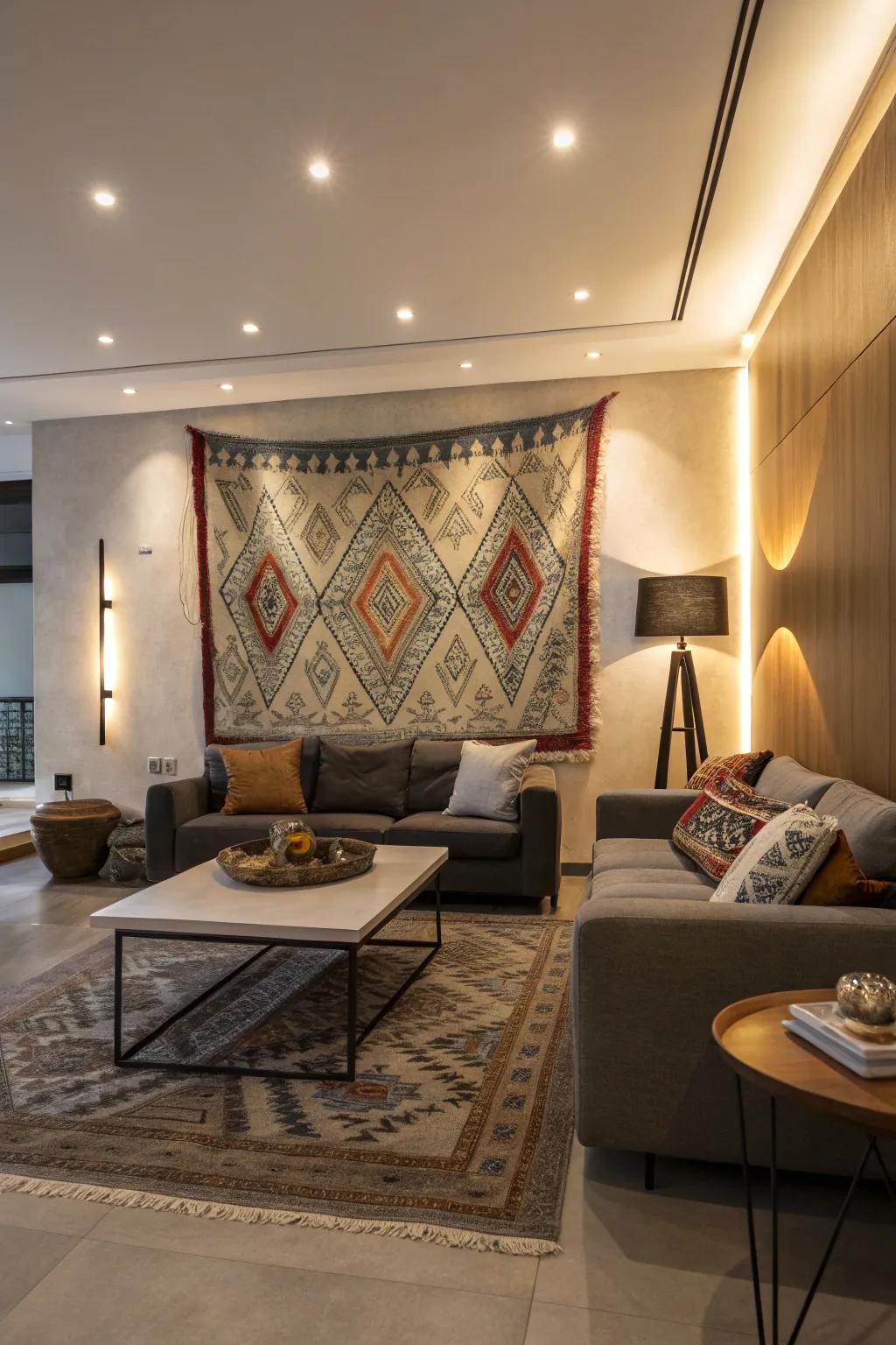 A <strong><em>tapestry</em></strong> can act as an impressive work of art at the heart of your living space.&rdquo; loading=&rdquo;lazy&rdquo; class=&rdquo;pimg&rdquo;>
	</picture><figcaption>A <strong><em>tapestry</em></strong> can act as an impressive work of art at the heart of your living space.</figcaption></figure>
<p>In the lounge, hanging a <strong><em>tapestry</em></strong> on a bare wall can craft a compelling point of visual interest. It naturally attracts the eye and perfectly enhances my comfy lounge set.</p>
<h3>A few helpful options:</h3>
<ul class=