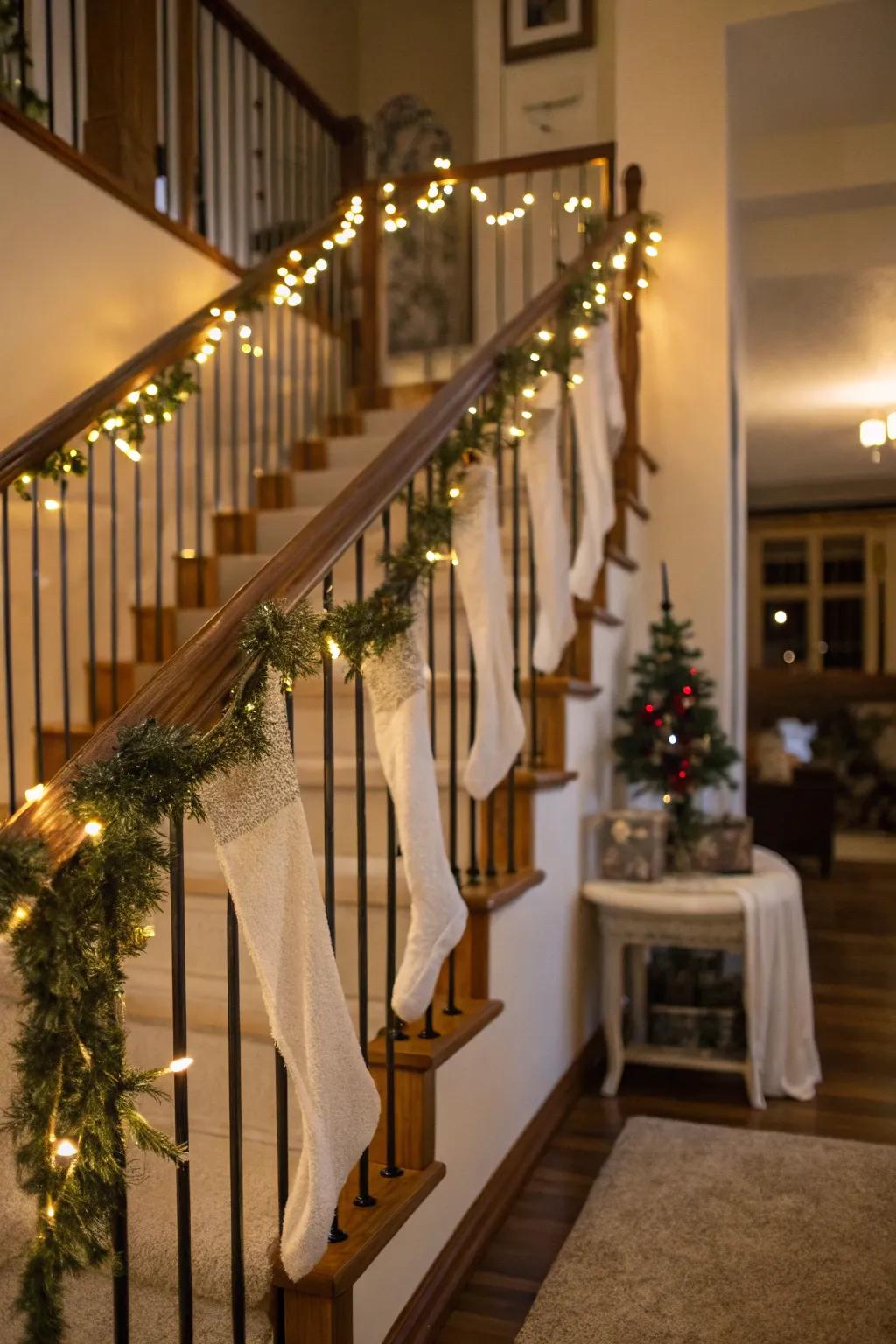 Stair railings act as an ideal setting for a vibrant stocking presentation.