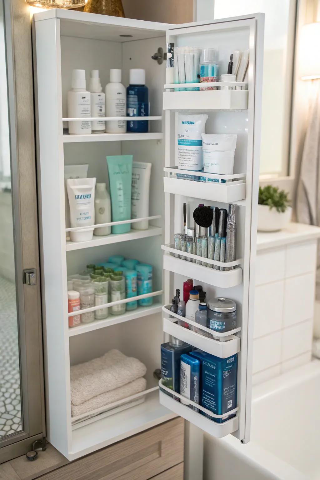 Stacked shelving inside a bathroom cabinet, enhancing vertical storage capabilities.