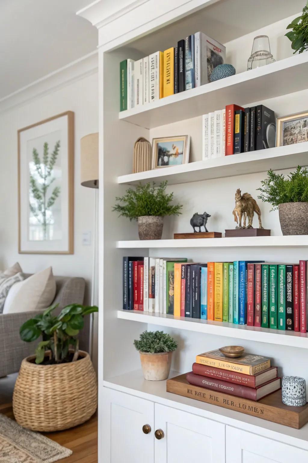 Books paired with ornate elements create a personalized ambiance