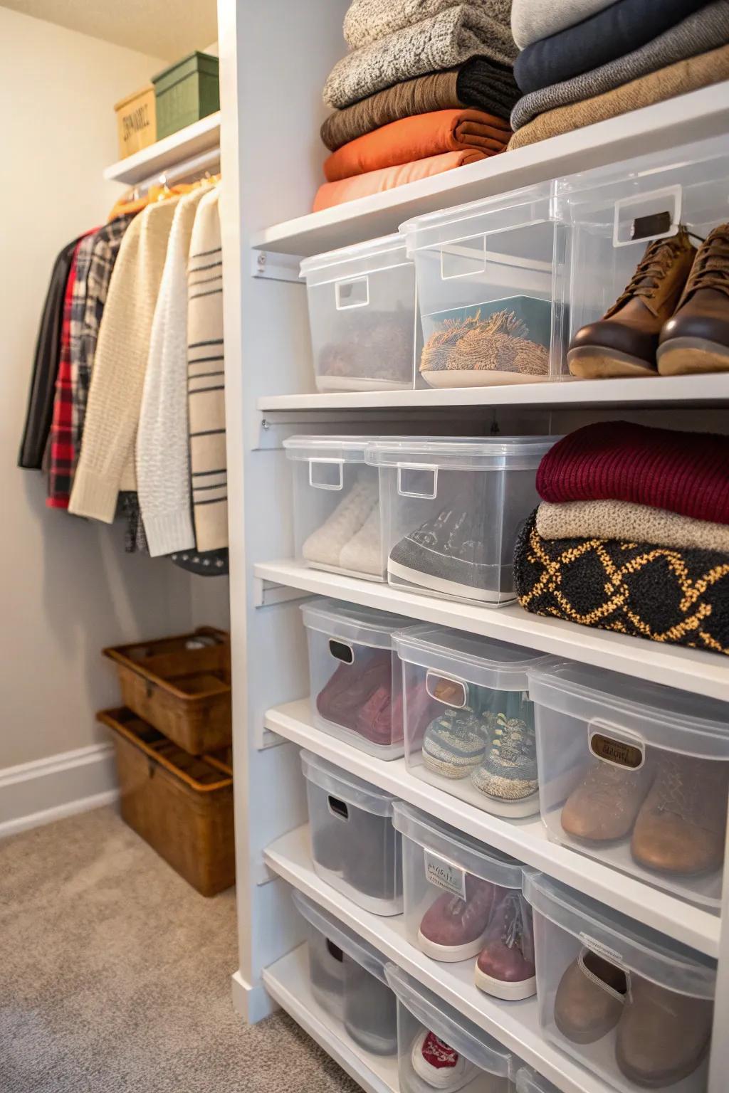 Clear bins allow you to easily view and access items stored on deep shelves.