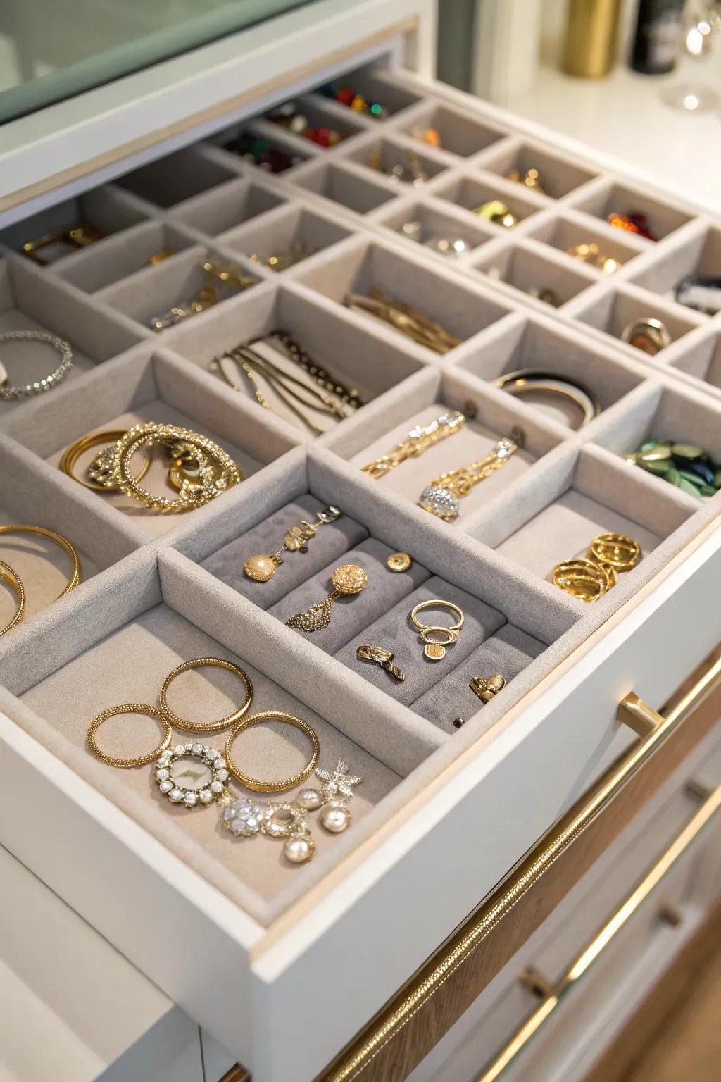 Trays with compartments ensure your jewelry remains neatly organized.