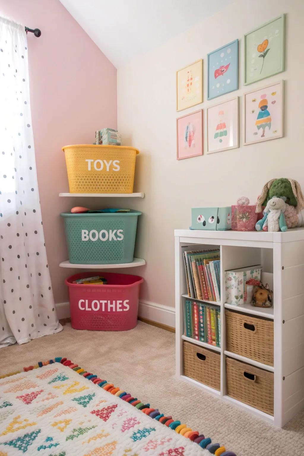 Color-coded baskets add both functionality and a splash of color.