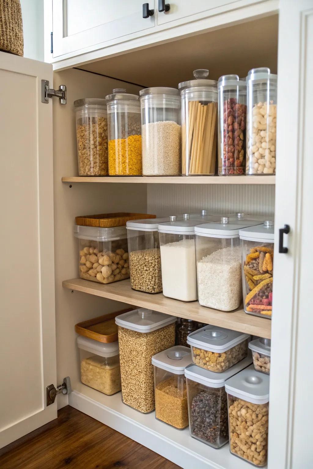 The use of see-through containers transforms your food storage into a streamlined system.