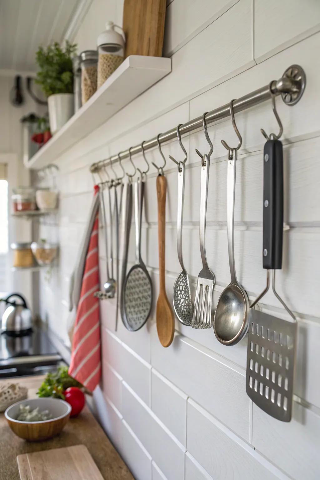 Utensils hung with grace on wall hooks for quick access.