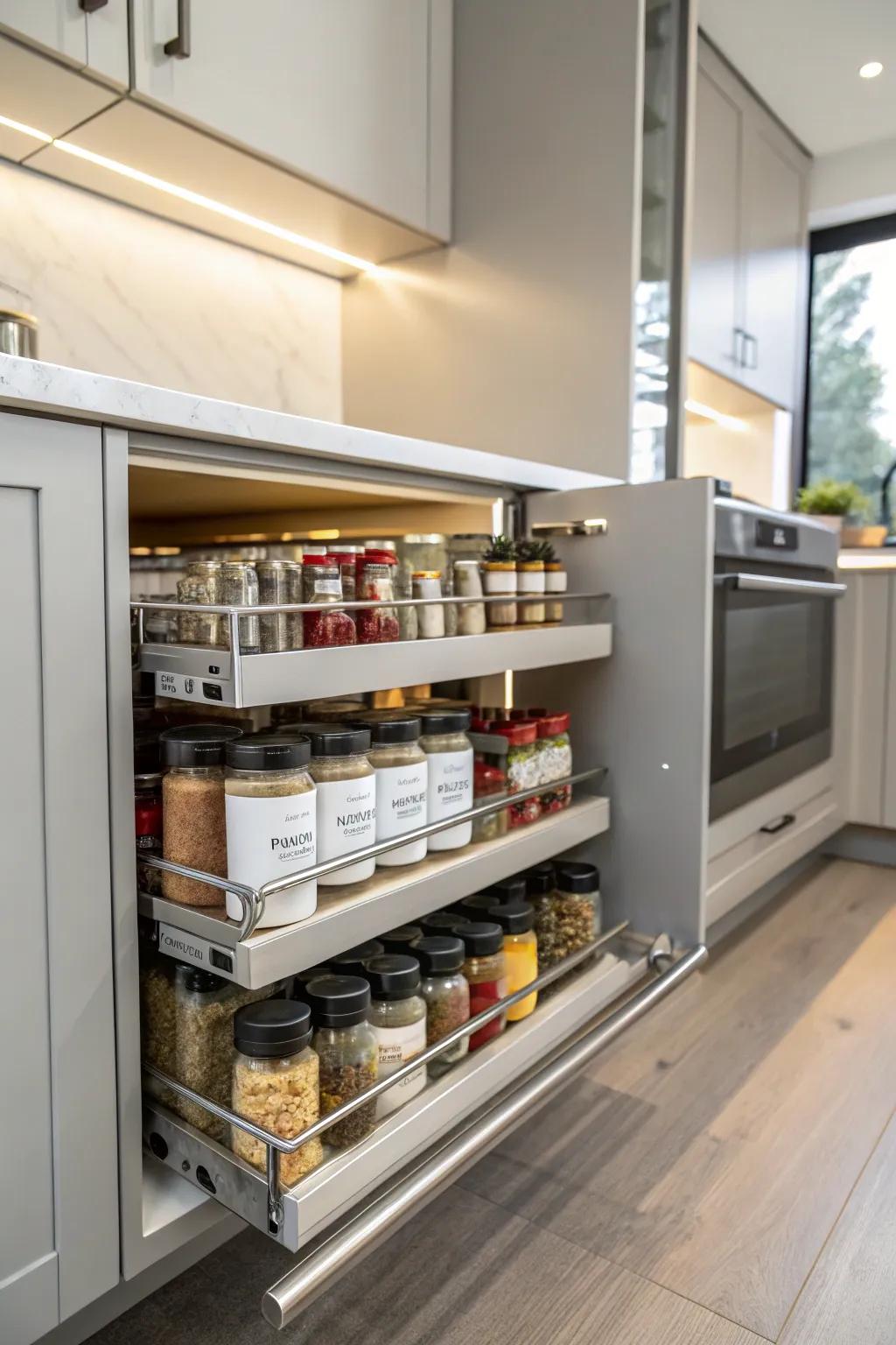 Sliding shelves simplify accessing your spices.