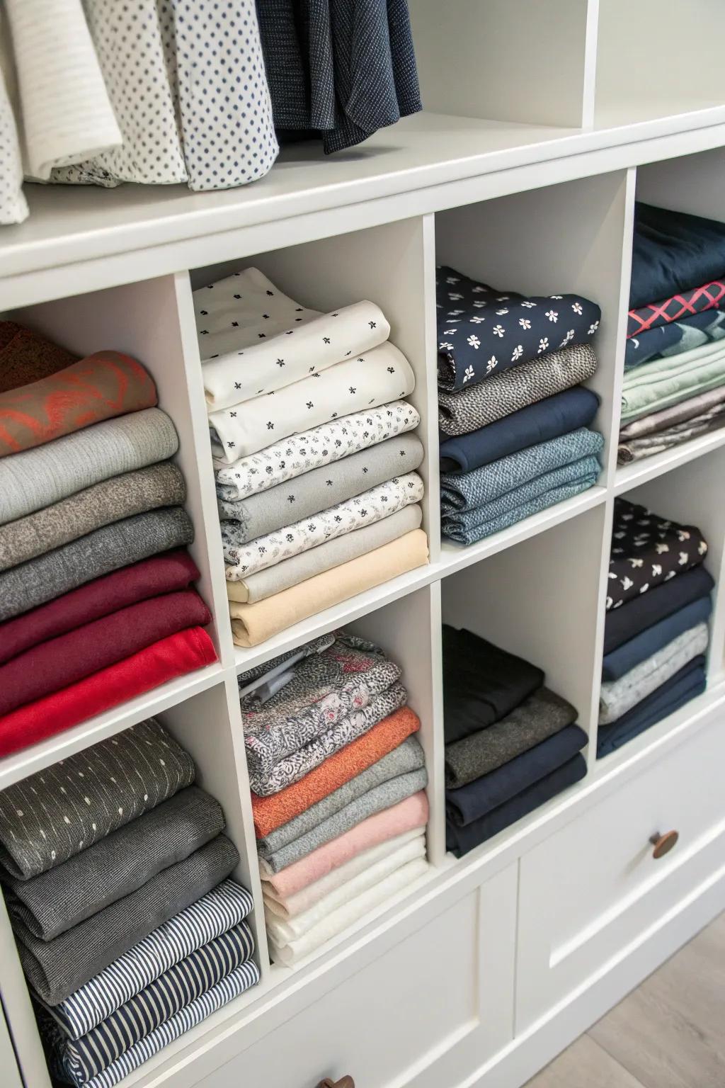 Fold and stack your leggings, utilizing dividers for a polished and orderly presentation.
