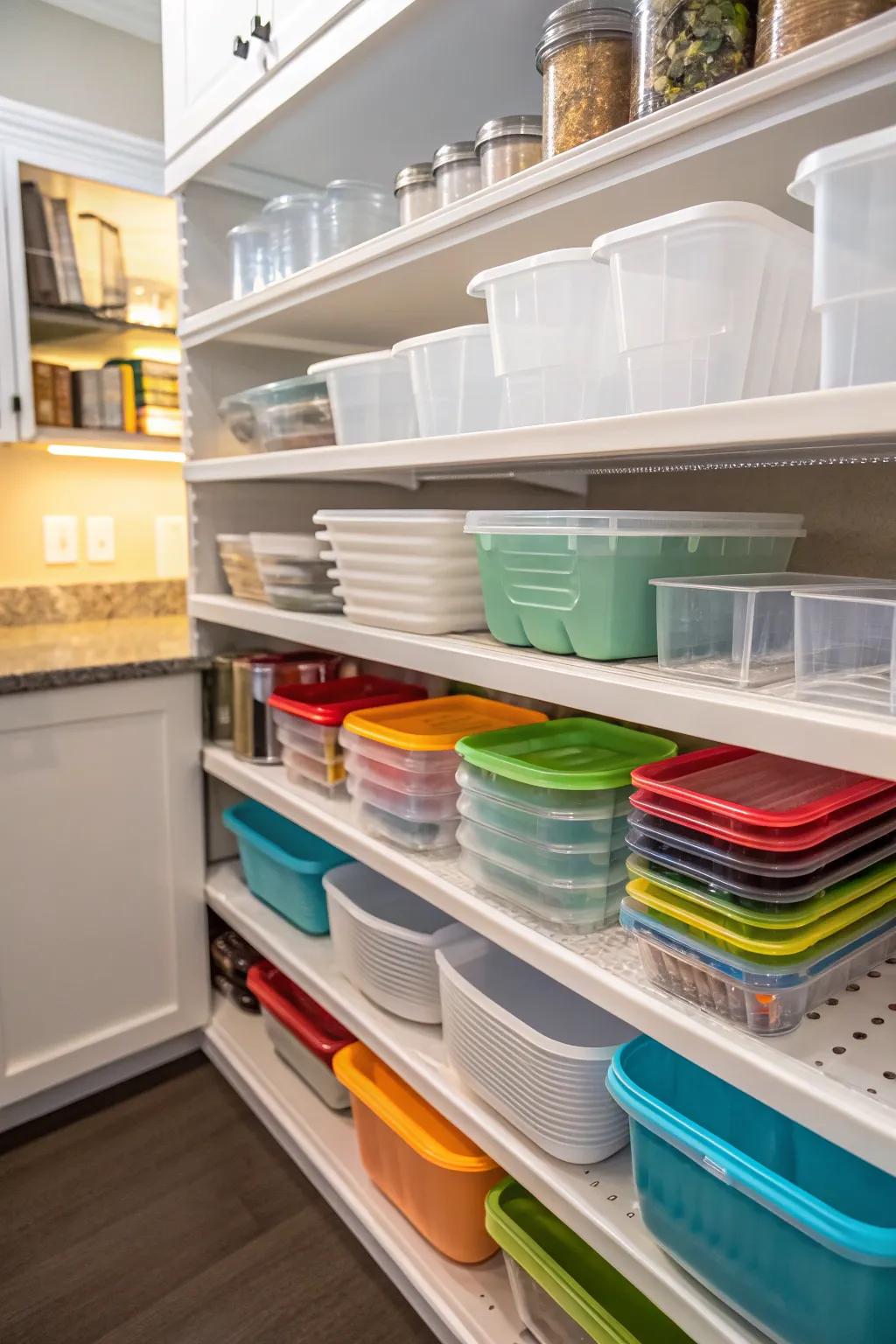 Kitchen shelves featuring plastic containers organized with dividers.