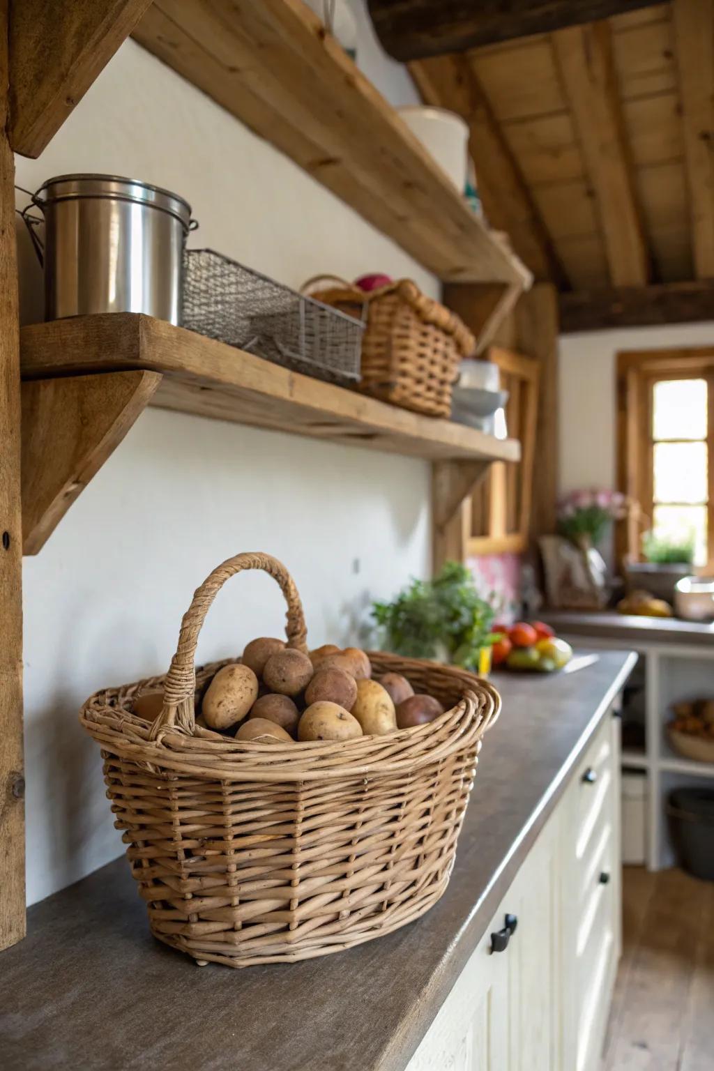 A wicker basket holding spuds gives a rustic touch.