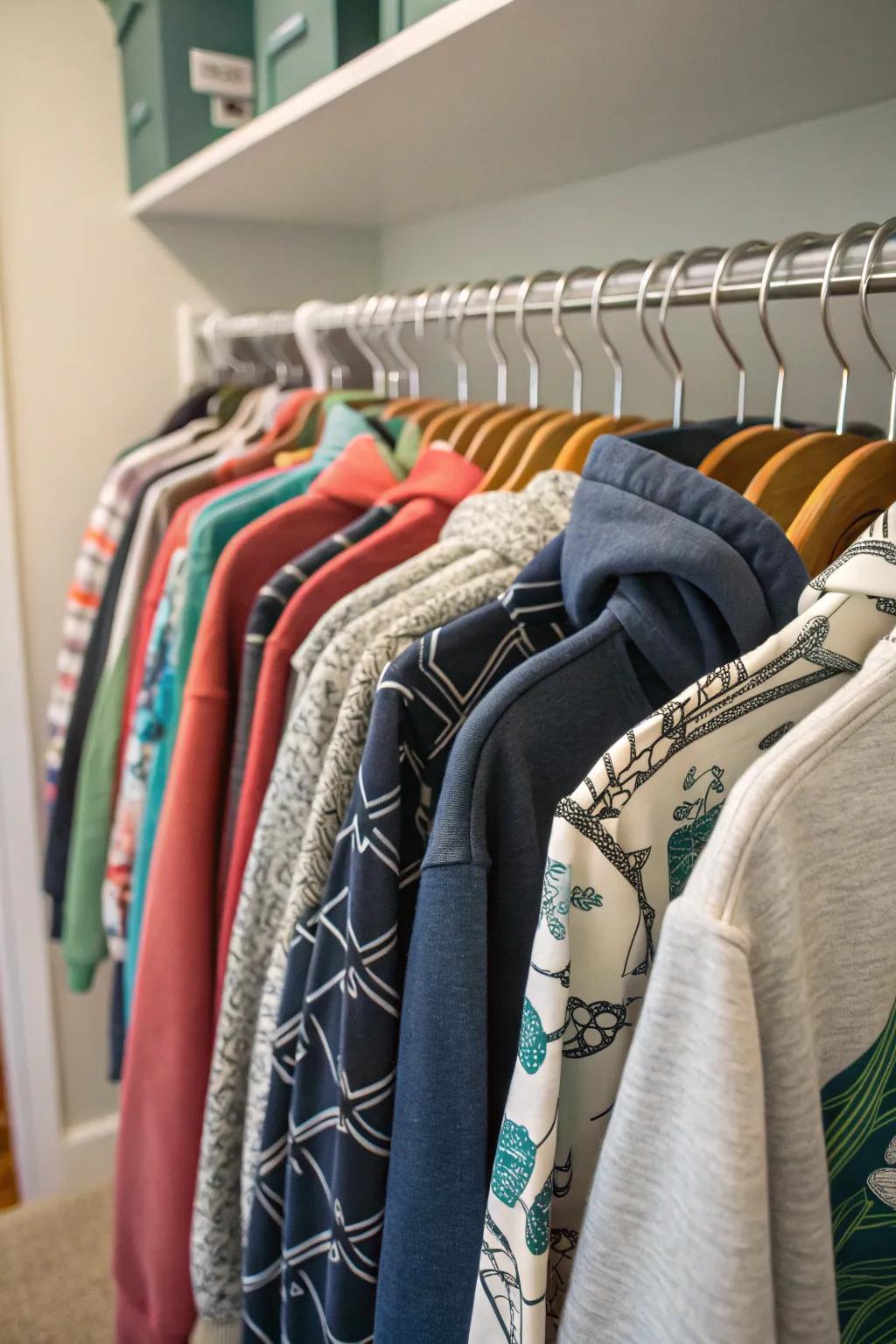 Hang sweatshirts on closet rods to save shelf space.