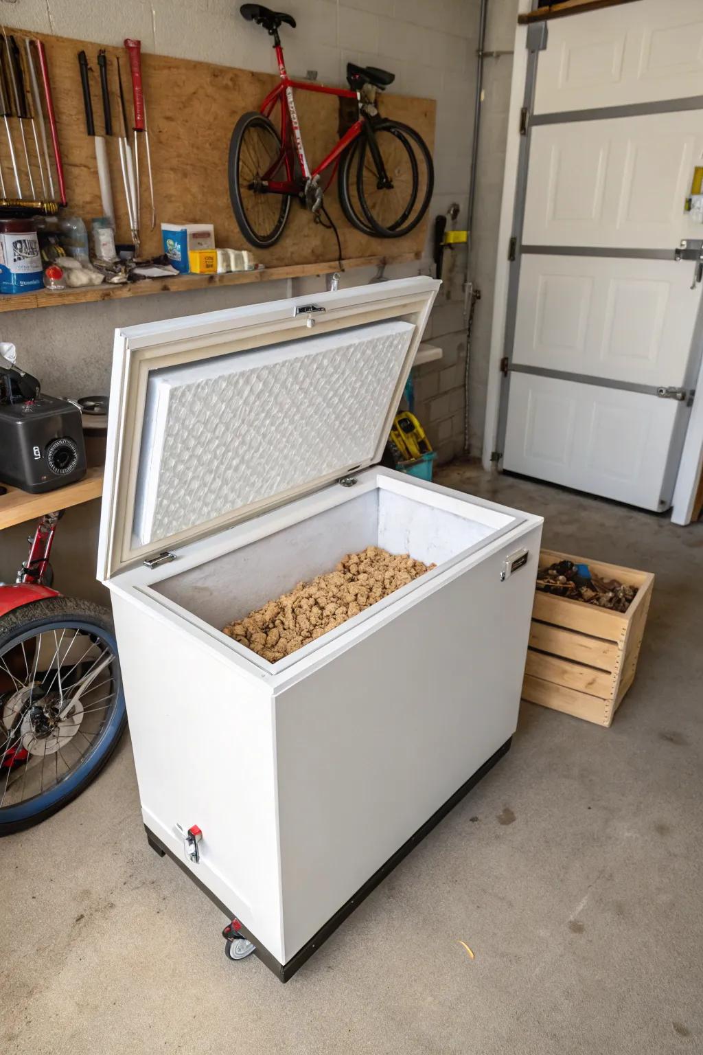 An old deep freeze transforms into an ideal airtight storage solution for wood pellets.