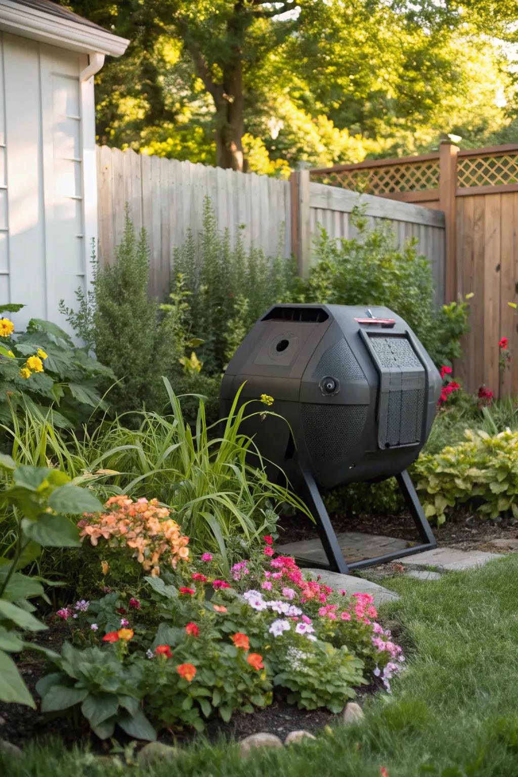A modern rotating composter lends a sophisticated touch to the garden, making composting simple and quick.