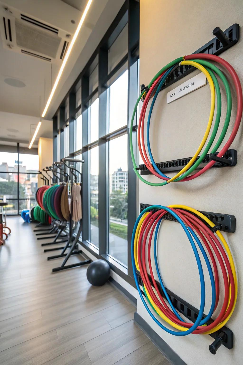 Hula hoops meticulously displayed on wall organizers, bringing a playful essence to a home gym setting.