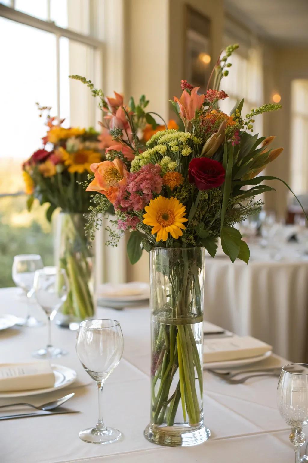 Seasonal flowers inside hurricane vases for a fresh and vibrant look.