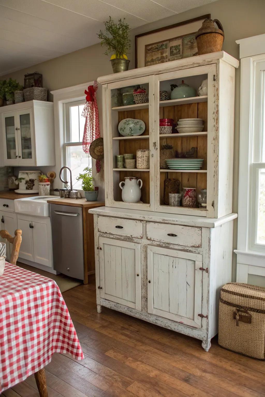 An enchanting farmhouse hutch bathes the kitchen in a comforting glow.