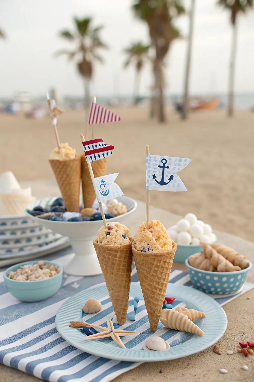 Maritime-themed ice cream cones perfect for a summer celebration.