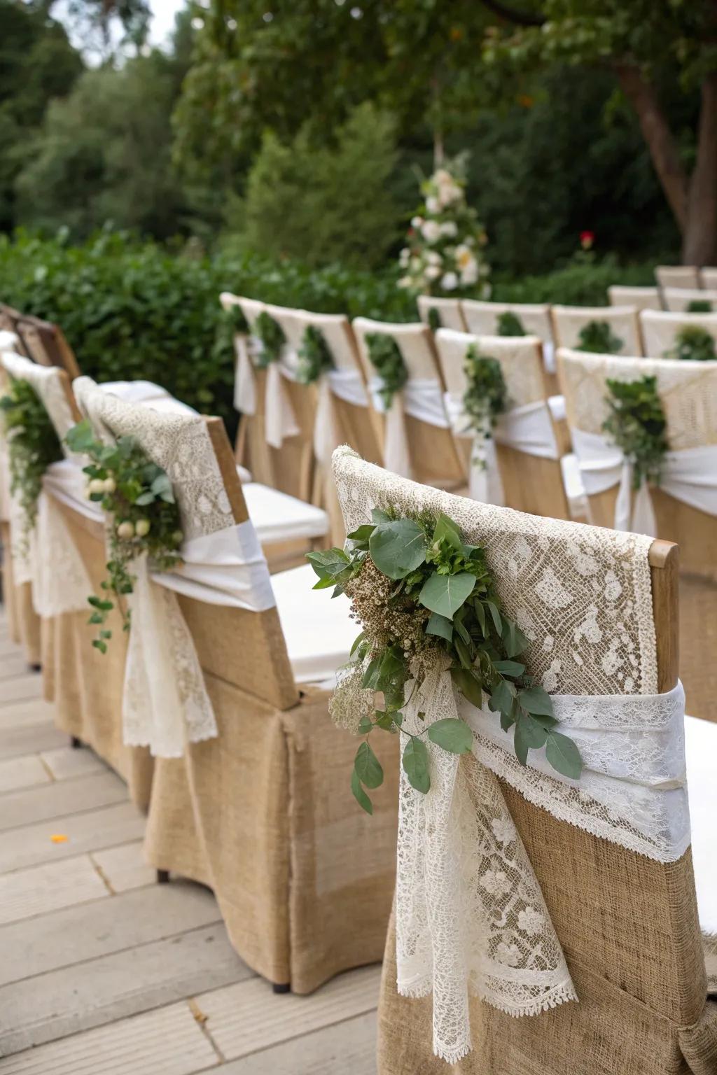 Countryside allure highlighted with hessian fabric and lace accents.
