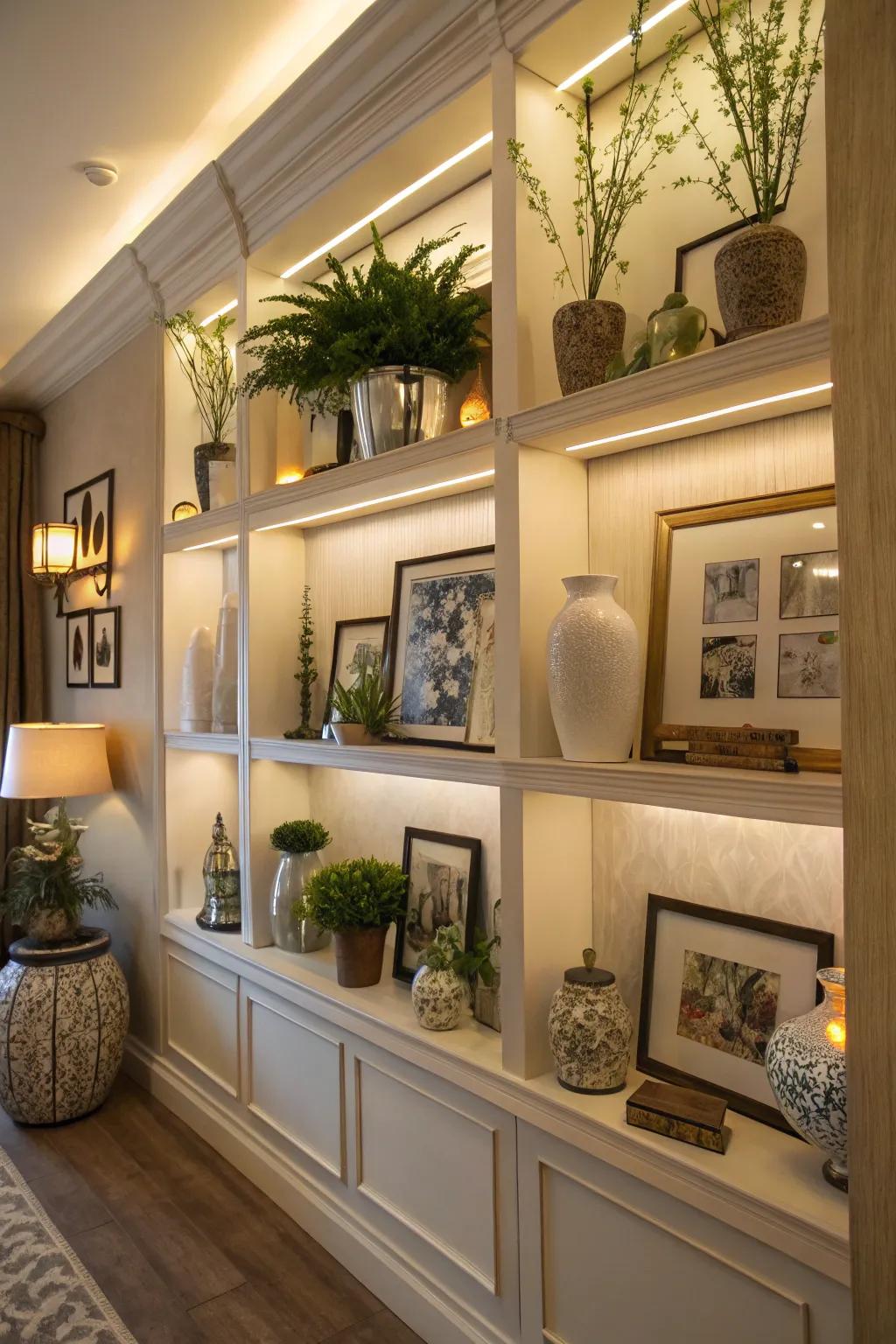 Show off your personality with in-wall shelves featuring your favorite decorative items.