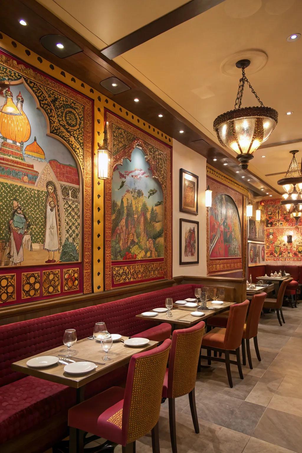 Indian art adds cultural texture to the walls of this restaurant.