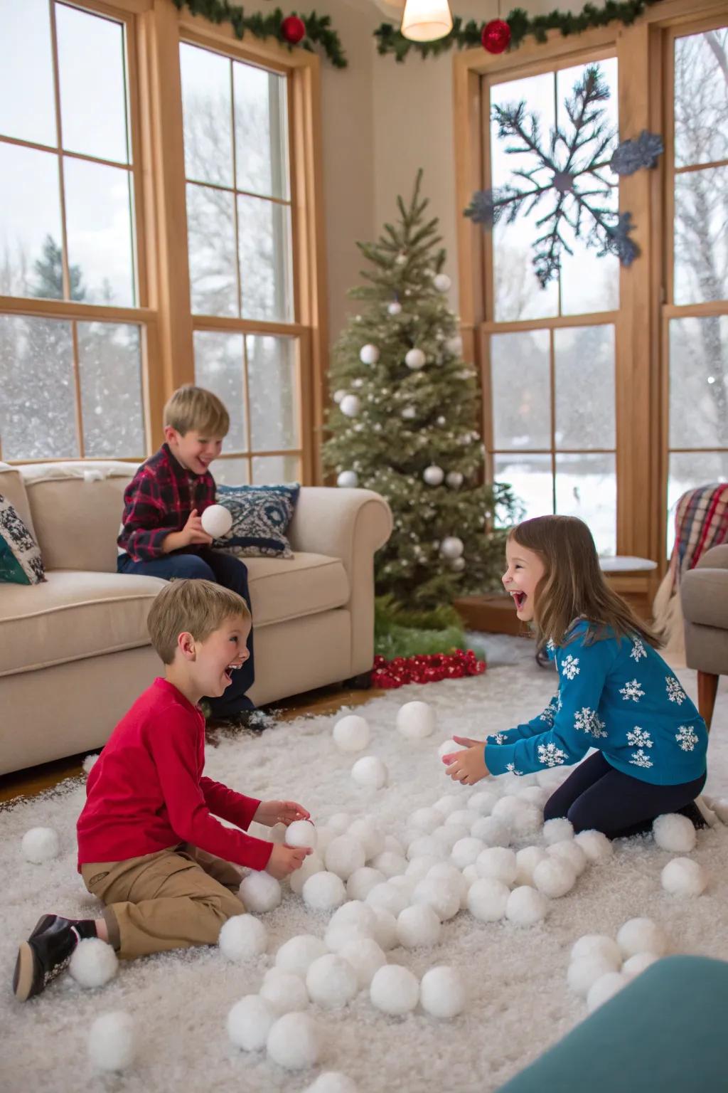 Children reveling in an indoor flurry fight within a cozy living area.
