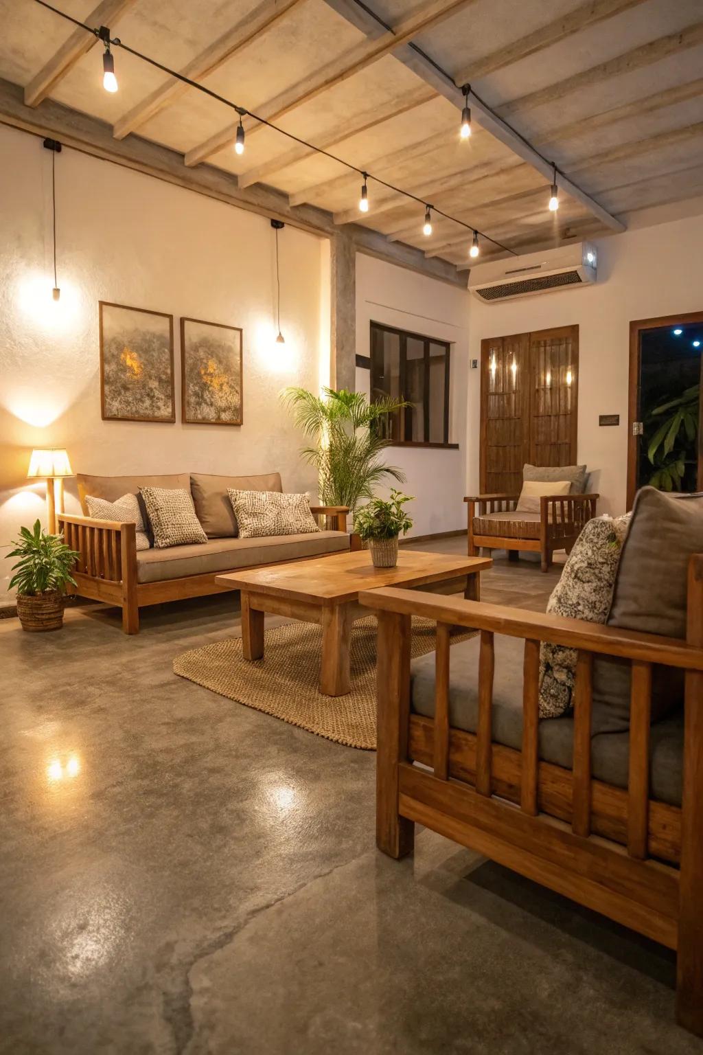 Wooden accents bring warmth to concrete floors.