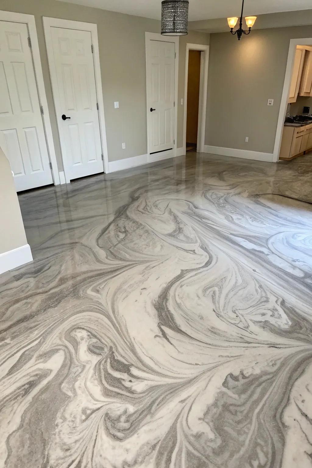 A magnificently painted concrete floor embodies the sophisticated charm of marble.