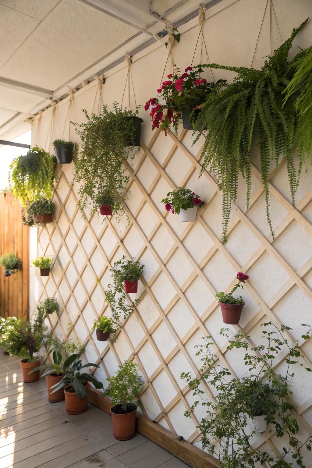 A vertical garden displayed on a lattice wall, ideal for those who adore plants.