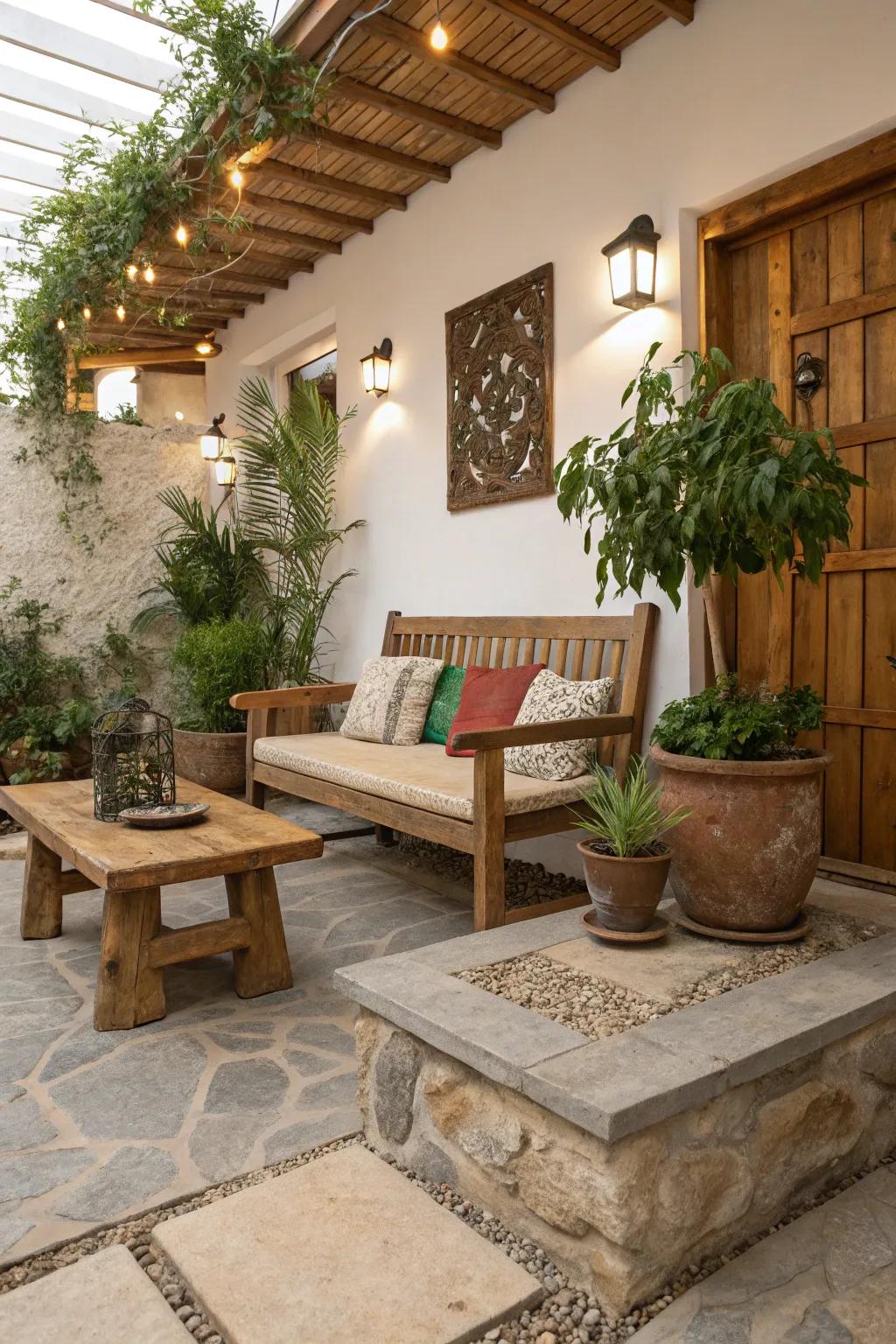 Natural elements imbue your indoor patio with warmth and texture.