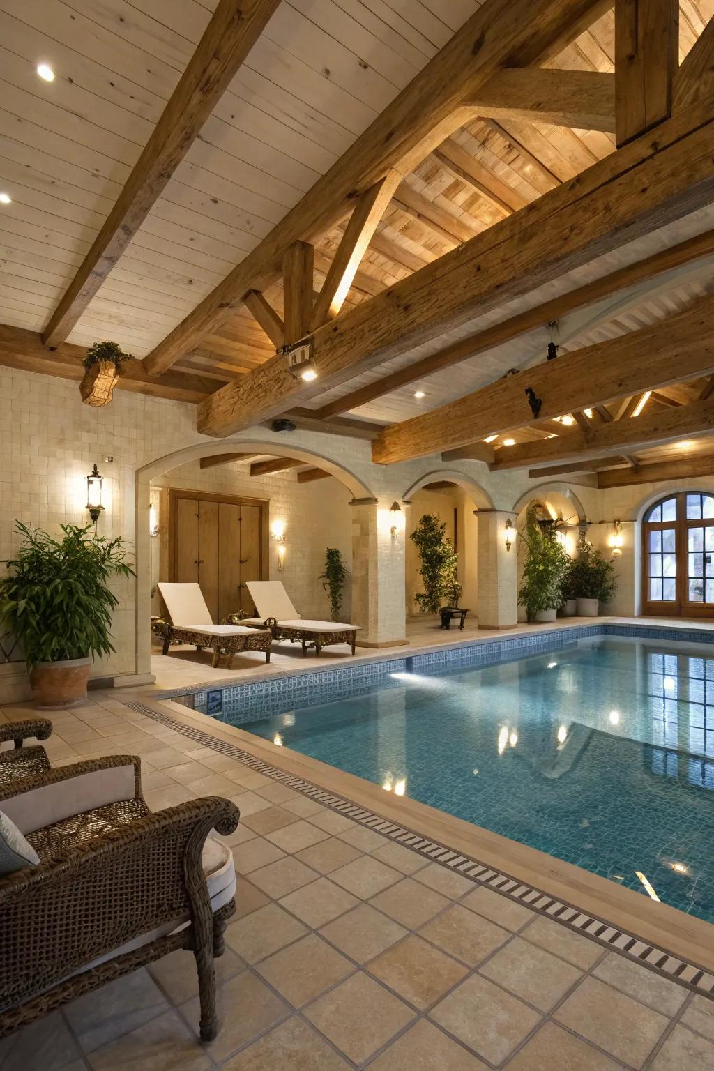A comfortable indoor pool featuring timber framework overhead