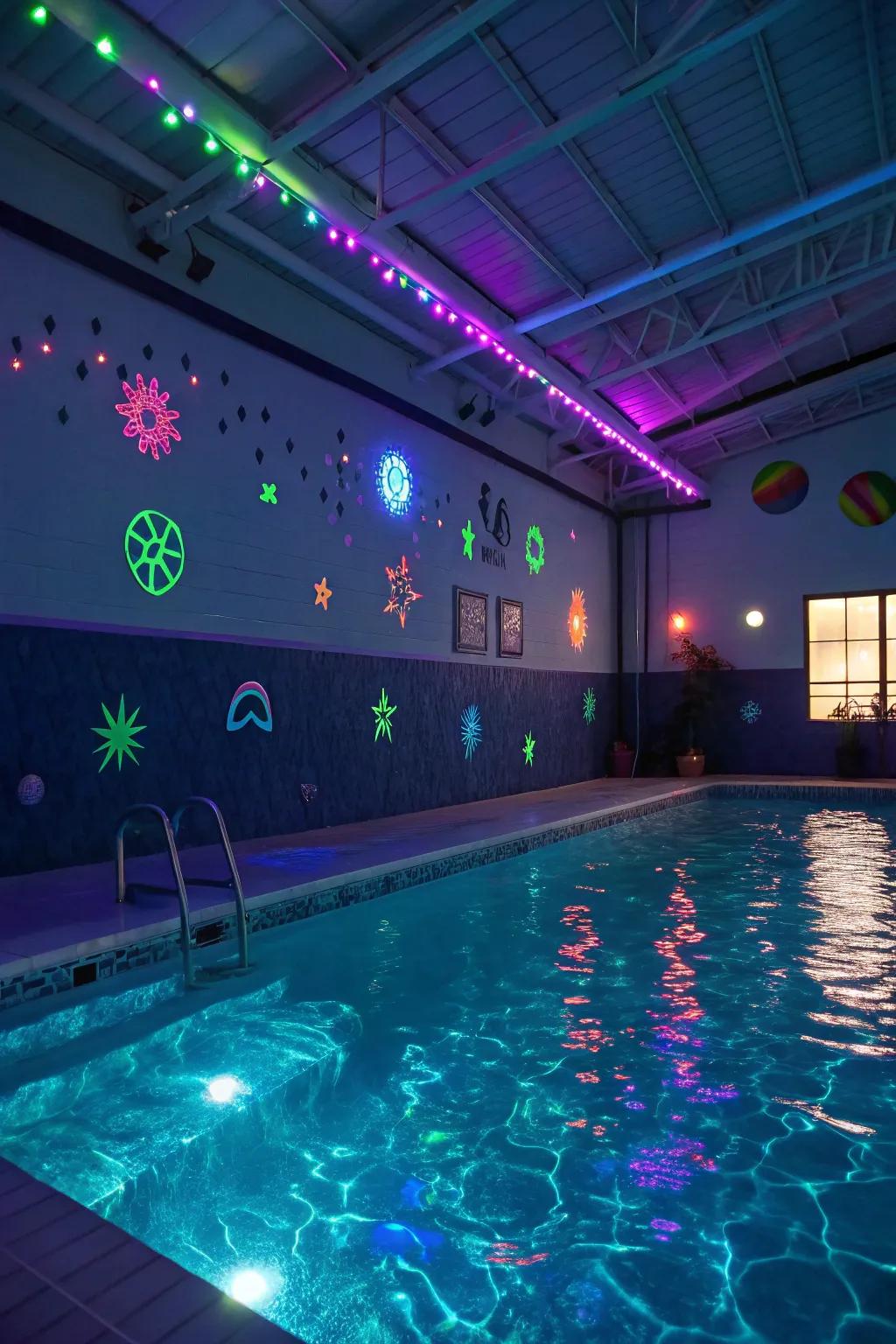 Illuminate your pool gathering with energetic neon illumination plus glow-in-the-dark highlights.