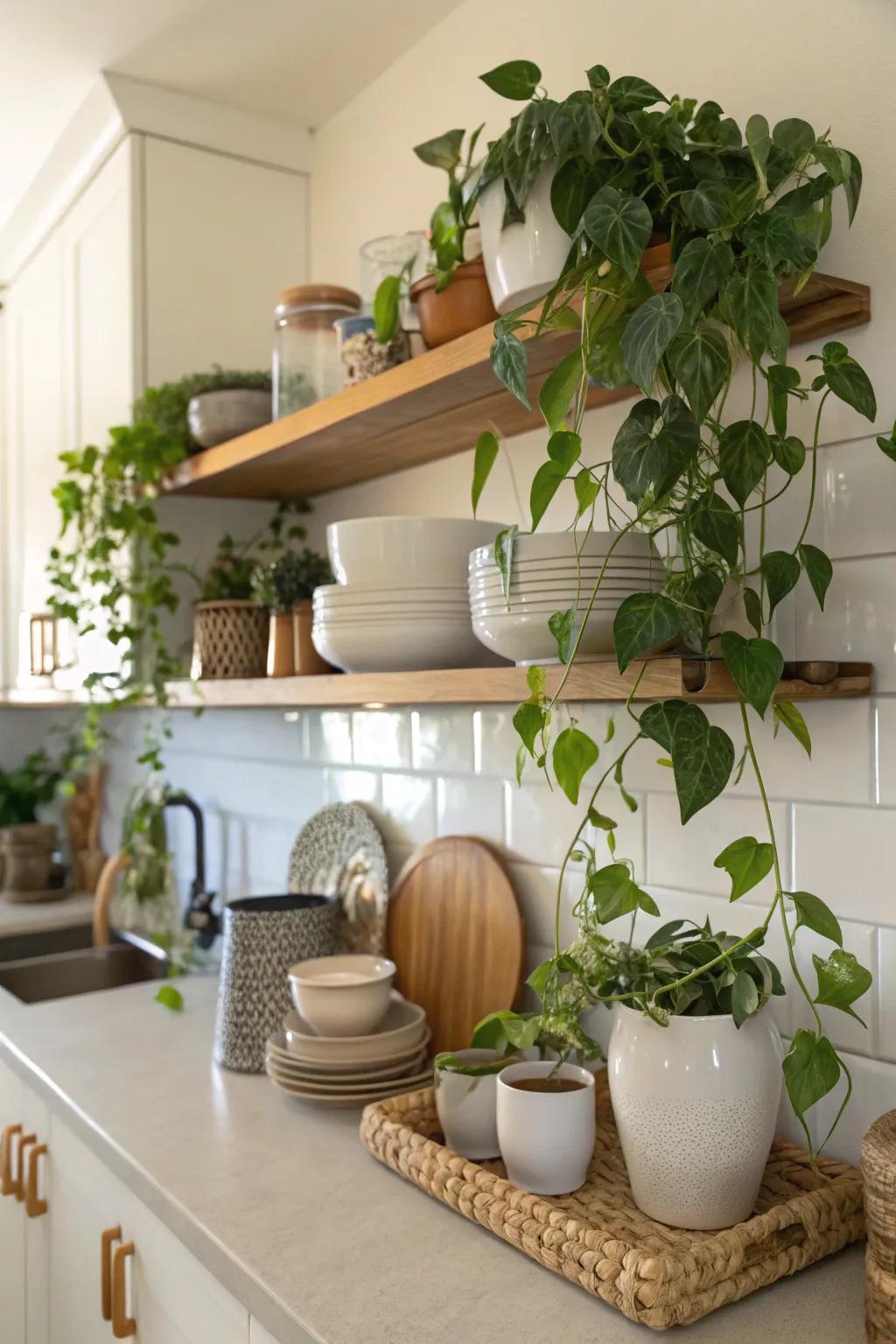 Add elegance to shelves with draping pothos.