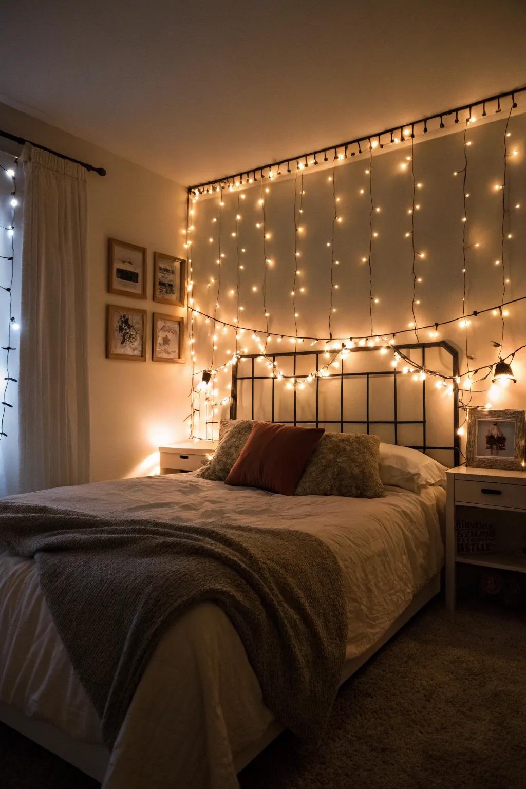 Illuminate your bedroom with twinkle lights to create an intimate and welcoming mood.