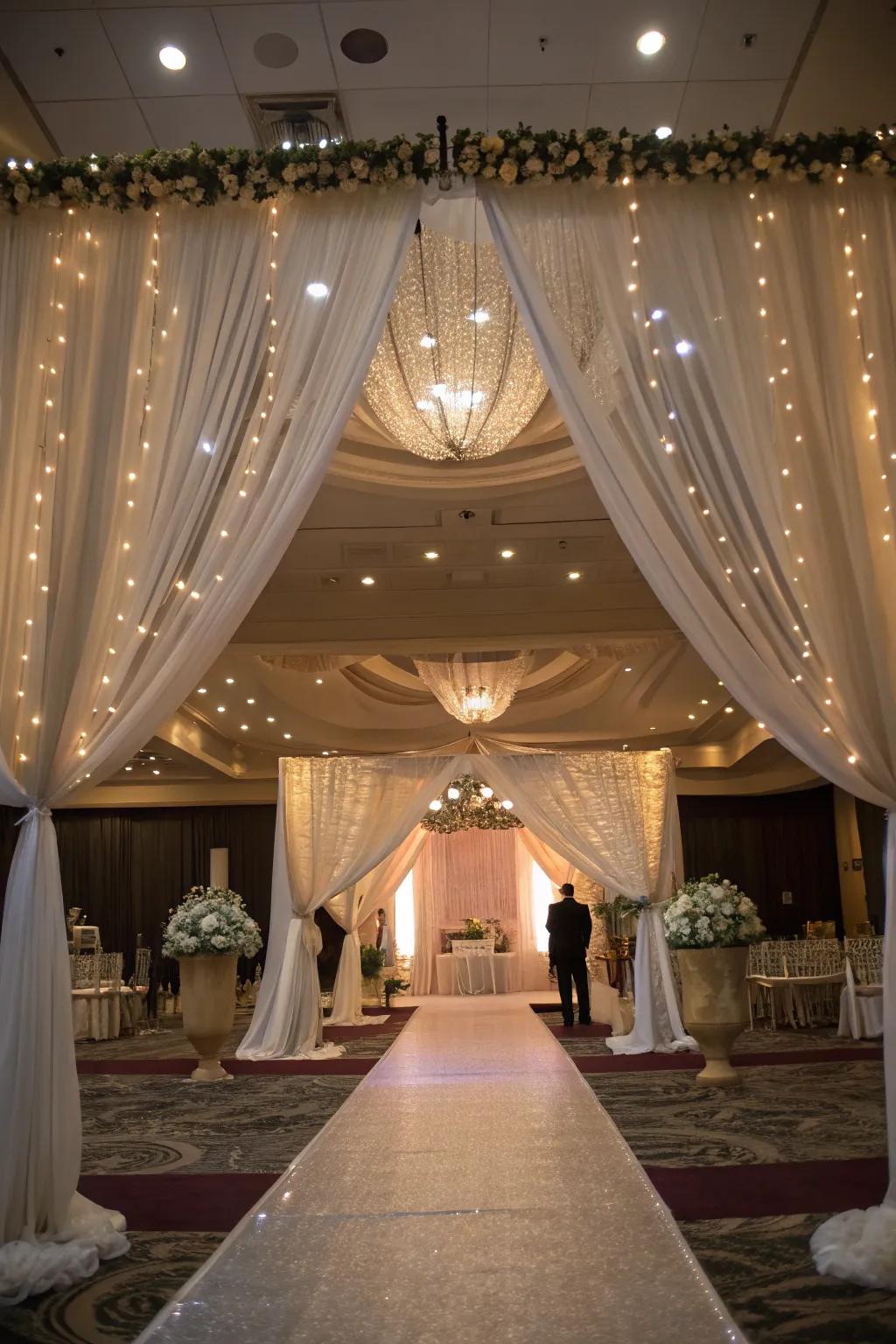 Draped materials with lights create an intimate wedding environment.