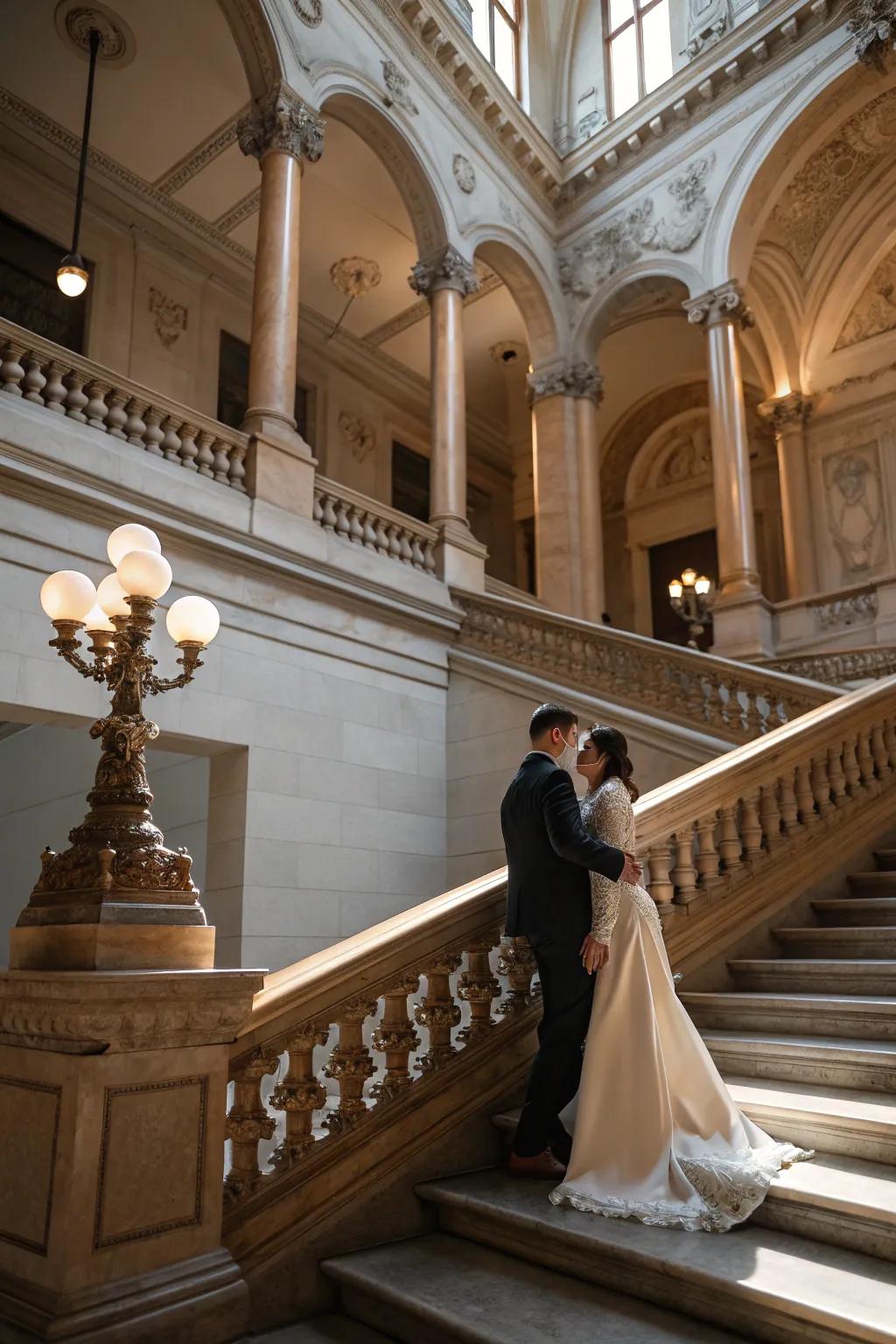 Grandiose staircases lend refinement to indoor wedding imagery.