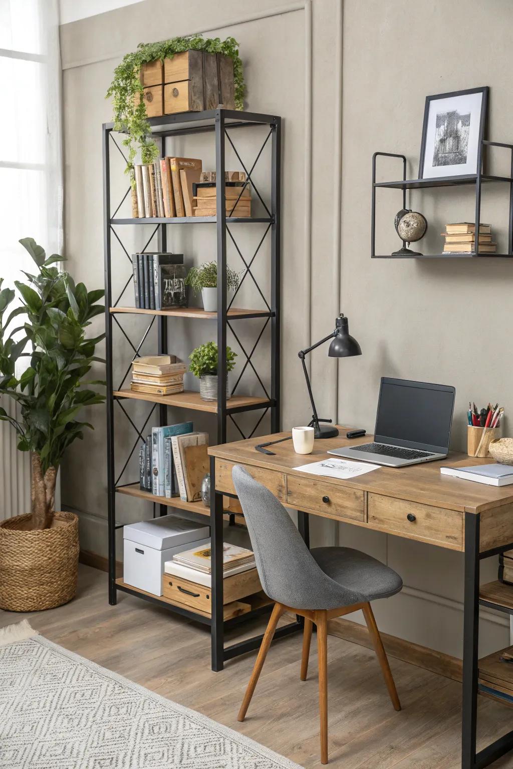A workspace that skillfully balances wood and metal elements.