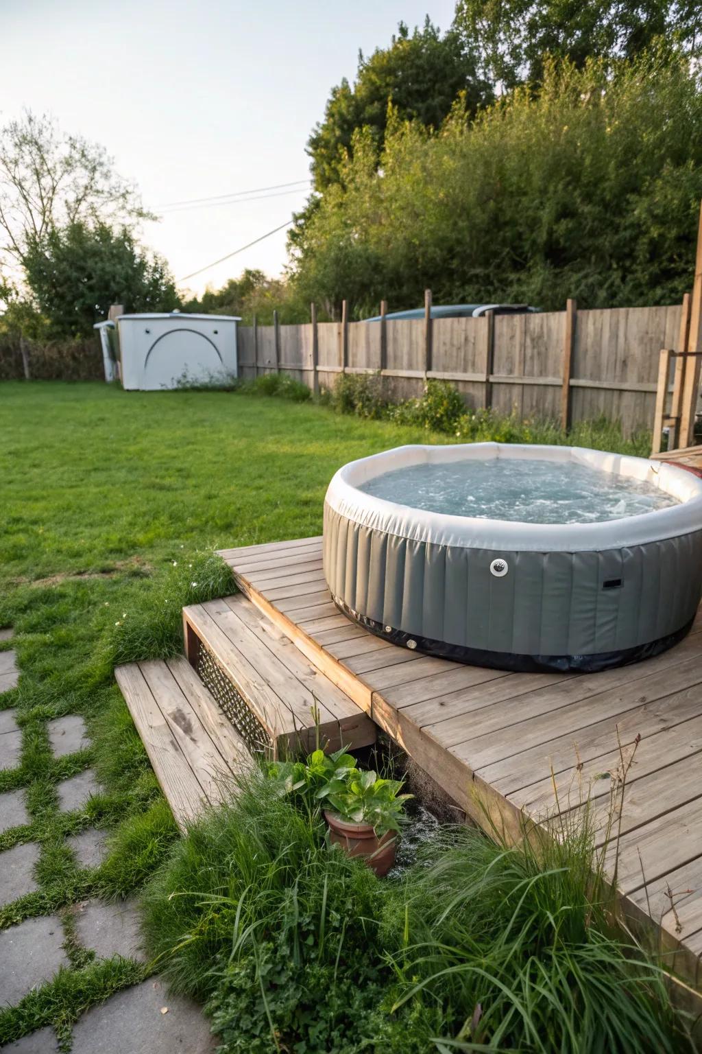 An elegant timber platform enriches this inflatable hydro-haven arrangement.