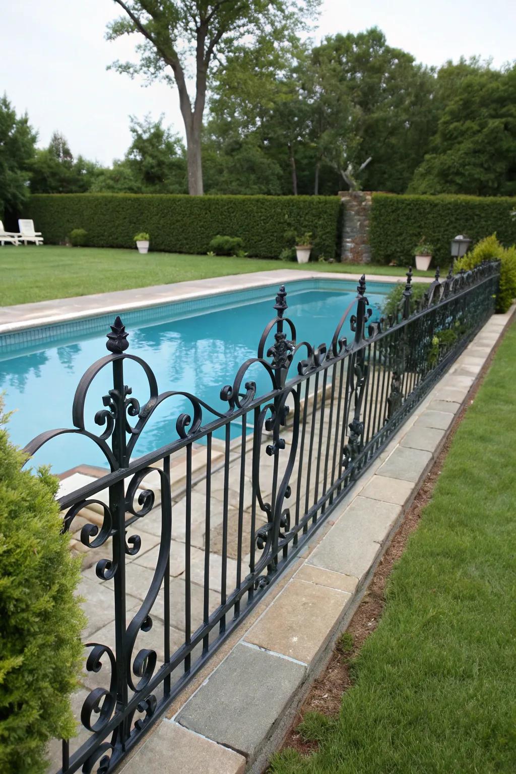 Forged iron perimeters introduce a timeless elegance to any pool space.
