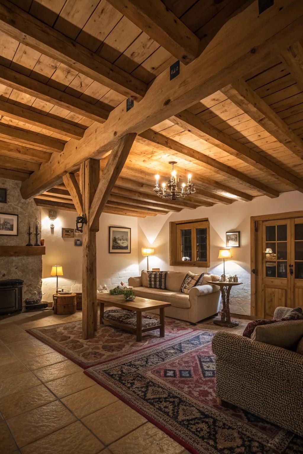 Lumber features introduce warmth and character to subterranean spaces.